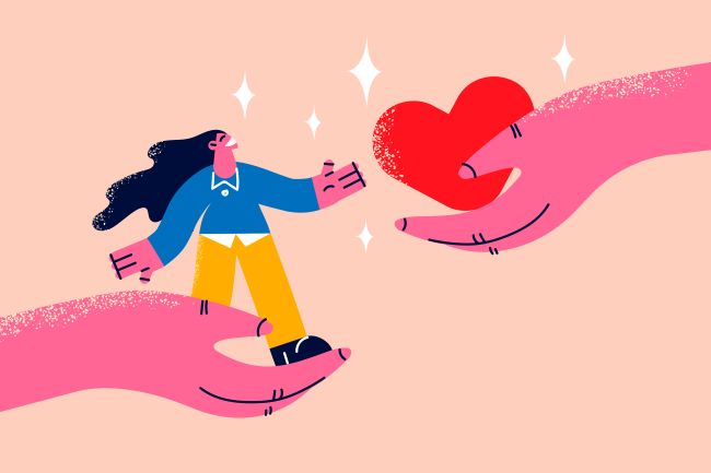Illustration of a person being held gently by a large pink hand while another hand offers a red heart, symbolizing care, support, and compassion.