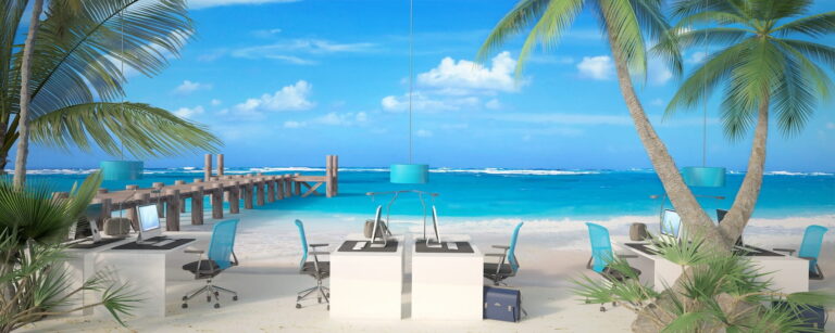 3D rendering of a corporate office in the middle of a tropical beach