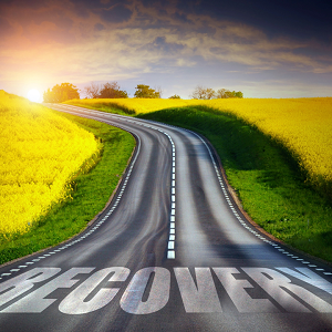 road wining through a crop of canola with the word Recovery printed on the beginning of the road