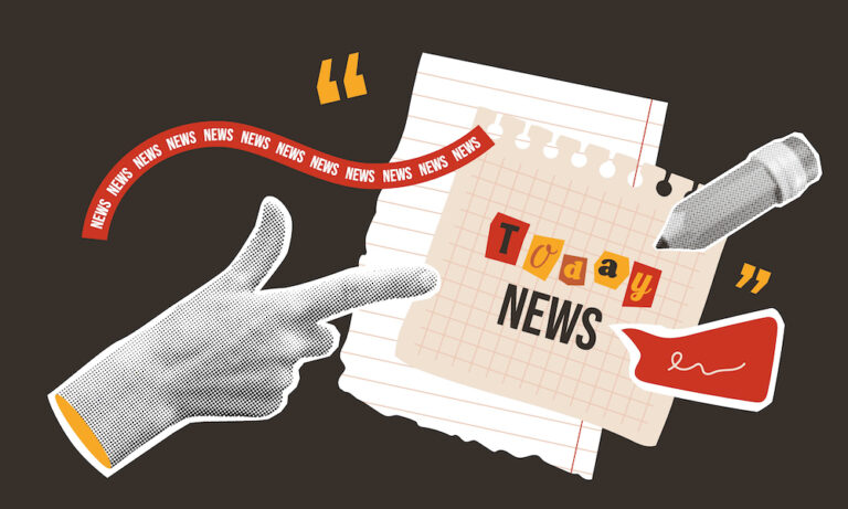 Today news collage template with halftone hand pointing to ragged note.