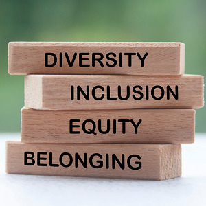 four stacked wooden blocks with words Diversity, Inclusion, and Equity, and Belonging written on them