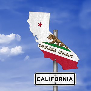 sign in the shape of California reading California Republic with the sky as a background