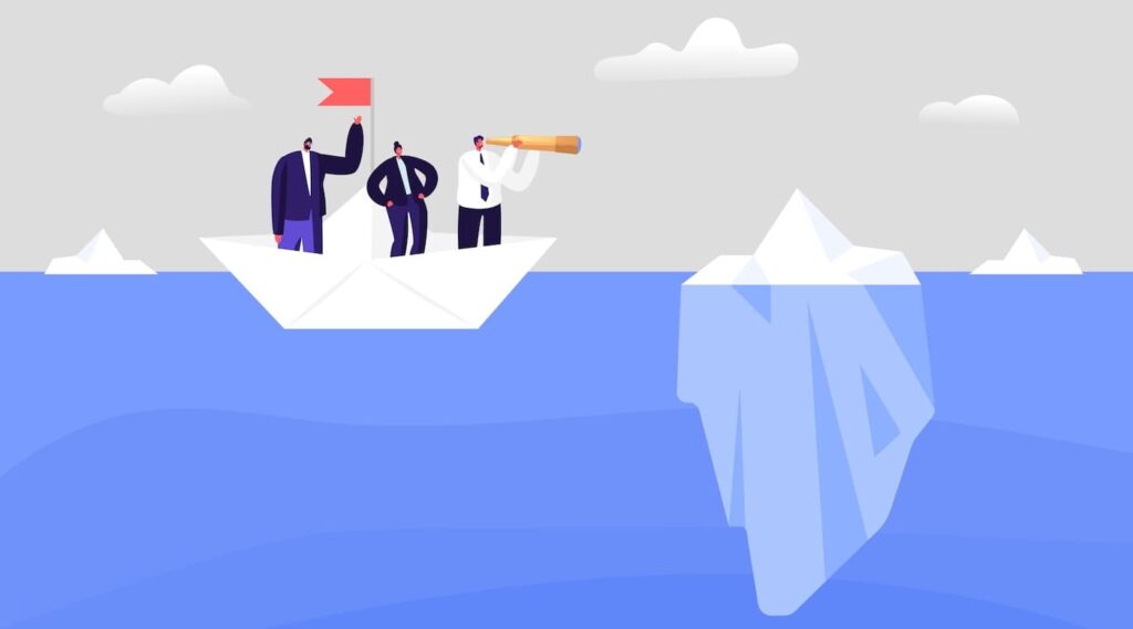 An illustration of three businesspeople standing on a paper boat in the ocean. One holds a red flag, another stands confidently, and the third uses a telescope to look ahead. A large iceberg is visible in the water, mostly submerged below the surface, symbolizing hidden challenges or risks.