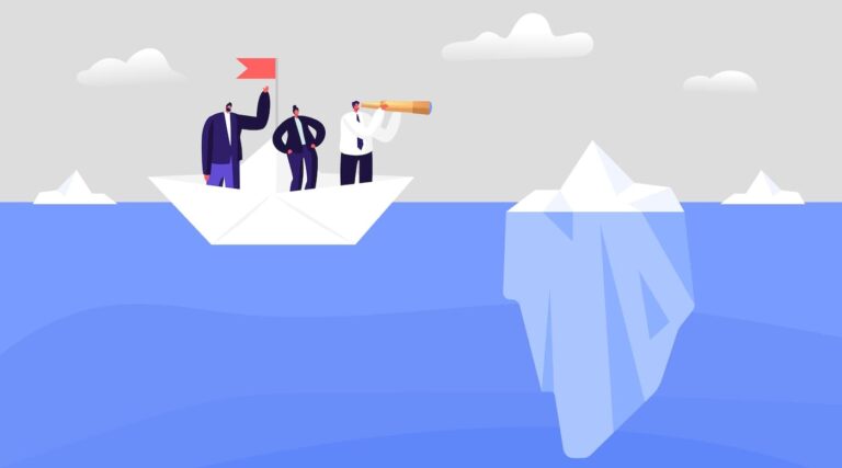 An illustration of three businesspeople standing on a paper boat in the ocean. One holds a red flag, another stands confidently, and the third uses a telescope to look ahead. A large iceberg is visible in the water, mostly submerged below the surface, symbolizing hidden challenges or risks.