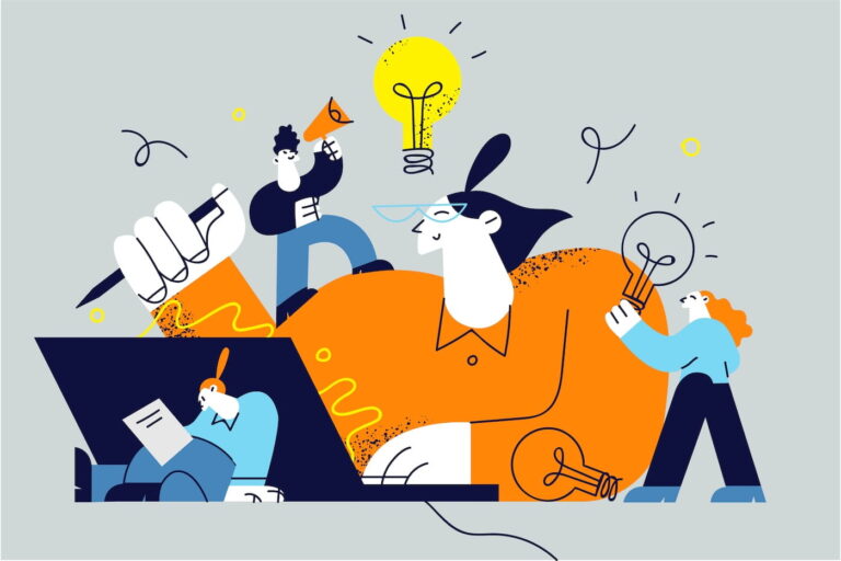 A colorful illustration of a large person working at a laptop surrounded by smaller characters holding light bulbs, megaphones, and papers. The scene represents collaboration, creativity, and idea generation, with visual elements like glowing light bulbs emphasizing innovation.