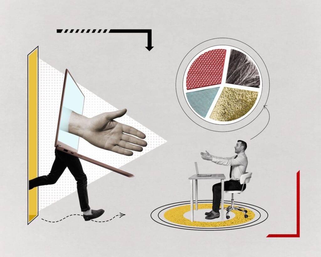 A surreal digital collage showing a man sitting at a desk with a laptop, reaching out toward a giant hand extending from a second laptop that's stepping through a wall. A colorful pie chart hovers above them, with arrows and geometric shapes adding a dynamic, abstract feel. The image represents virtual collaboration, data sharing, or remote teamwork.
