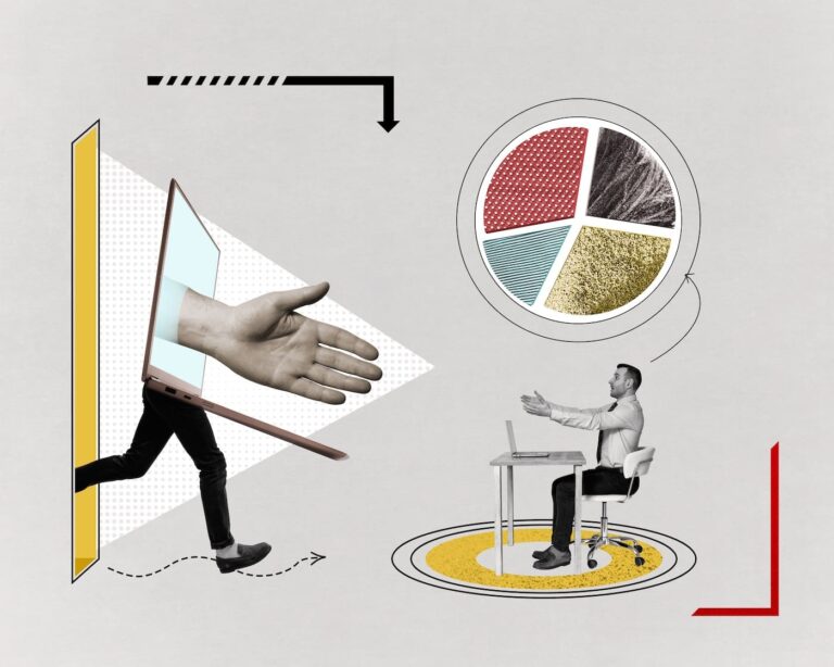 A surreal digital collage showing a man sitting at a desk with a laptop, reaching out toward a giant hand extending from a second laptop that's stepping through a wall. A colorful pie chart hovers above them, with arrows and geometric shapes adding a dynamic, abstract feel. The image represents virtual collaboration, data sharing, or remote teamwork.