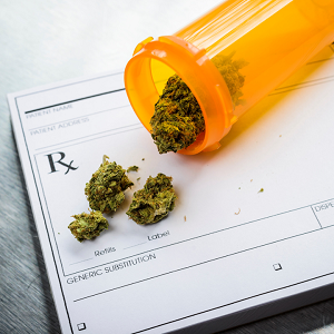 prescription bottle laying on a prescription pad with medical marijuana spilling out of the bottle