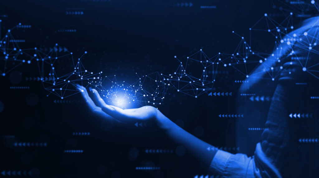 Ai Virtual Technology.Hand holding global network connection. Internet communication, Wireless connection technology. Futuristic technology with polygonal shapes