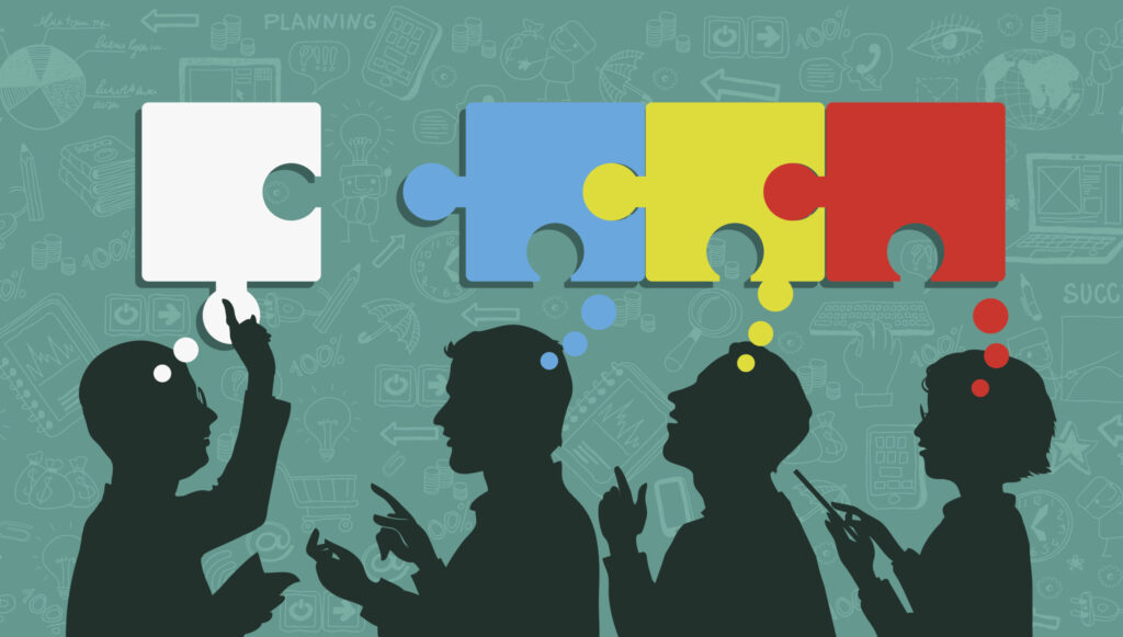 Mind Map Team - vector Illustration. Business people group over conceptual. Silhouettes of people on a background of business icons. Speech bubbles in the form of puzzles.