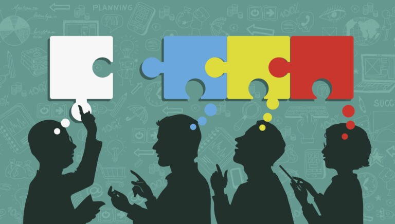 Mind Map Team - vector Illustration. Business people group over conceptual. Silhouettes of people on a background of business icons. Speech bubbles in the form of puzzles.