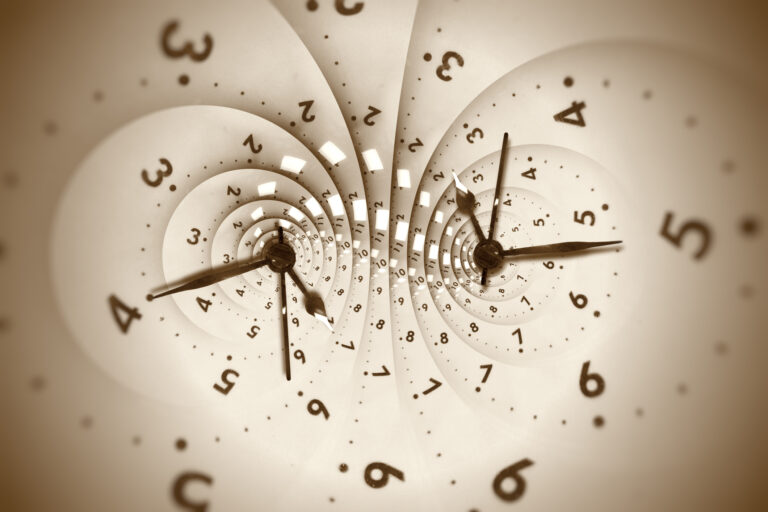 Vintage retro white spiral clock dial with arabic numerals. Concept of Infinite time, deadline, scheduling, time and space, past, present and future.