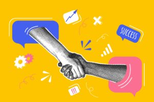 Trendy halftone collage. Concept of contracting, negotiation, contracting, favorable terms. Trendy modern retro illustration on business theme. Concept of teamwork. Vector illustration